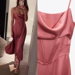 Zara // satin effect corset slip dress cowl neck mauve pink midi medium